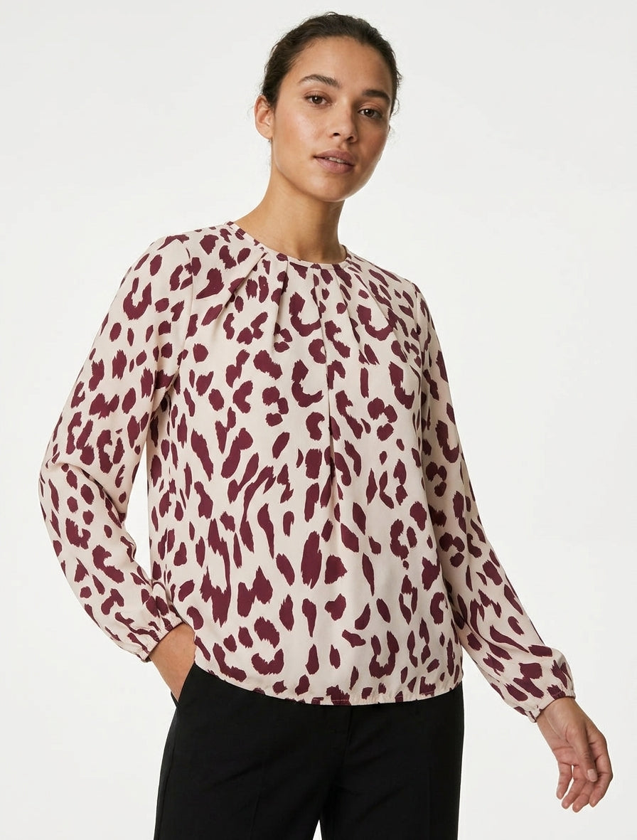 Blusa stampata mucca con scollo rotondo - Bordeaux