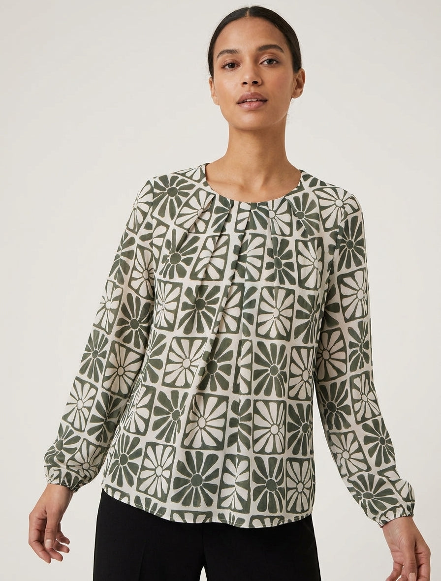 Top a maniche lunghe con stampa margherite - Cachi