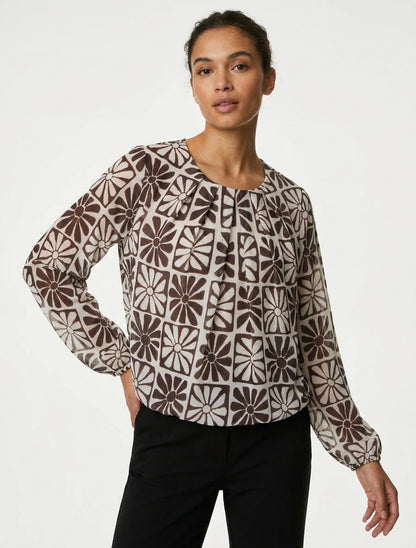 Top a maniche lunghe con stampa margherite - Marrone