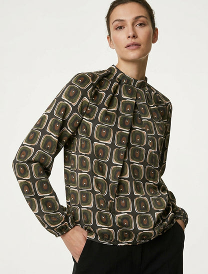 Blusa satinata stampata retrò - Cachi