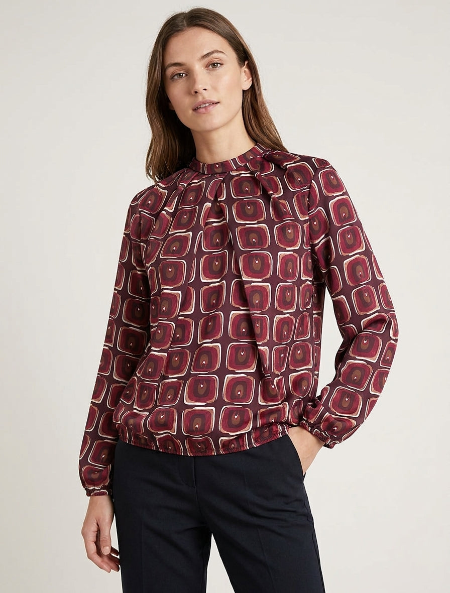 Blusa satinata stampata retrò - Feccia di vino
