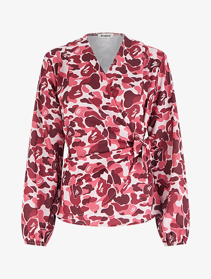 Blouse style portefeuille imprimée à col cache-coeur - Lie de vin - 1