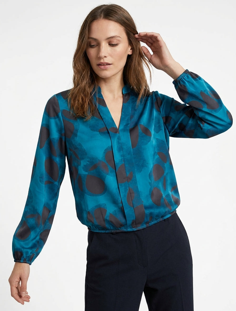 Top satinato con scollo a V e stampa fantasia - Blu petrolio