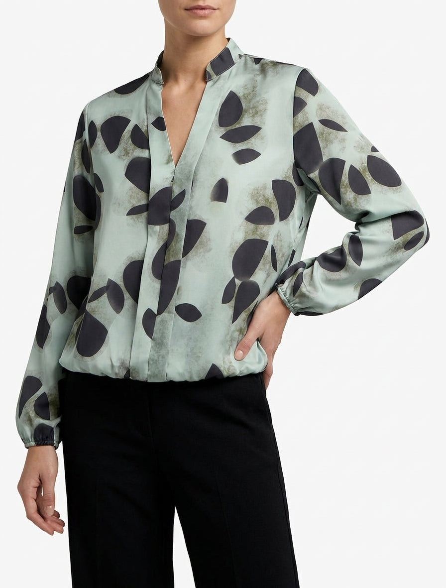 Top satinato con scollo a V e stampa fantasia - Cachi