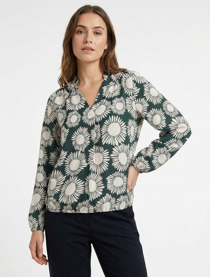 Blusa stampata a fiori con polsini elasticizzati - Verde abete