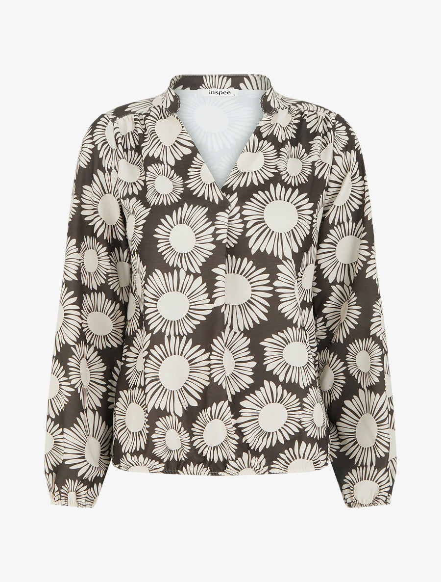 Blouse imprimé fleurs à poignets élastiqués - Marron - 1