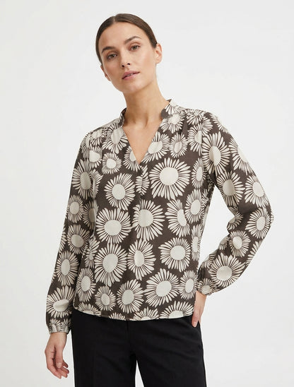Blusa stampata a fiori con polsini elasticizzati - Marrone