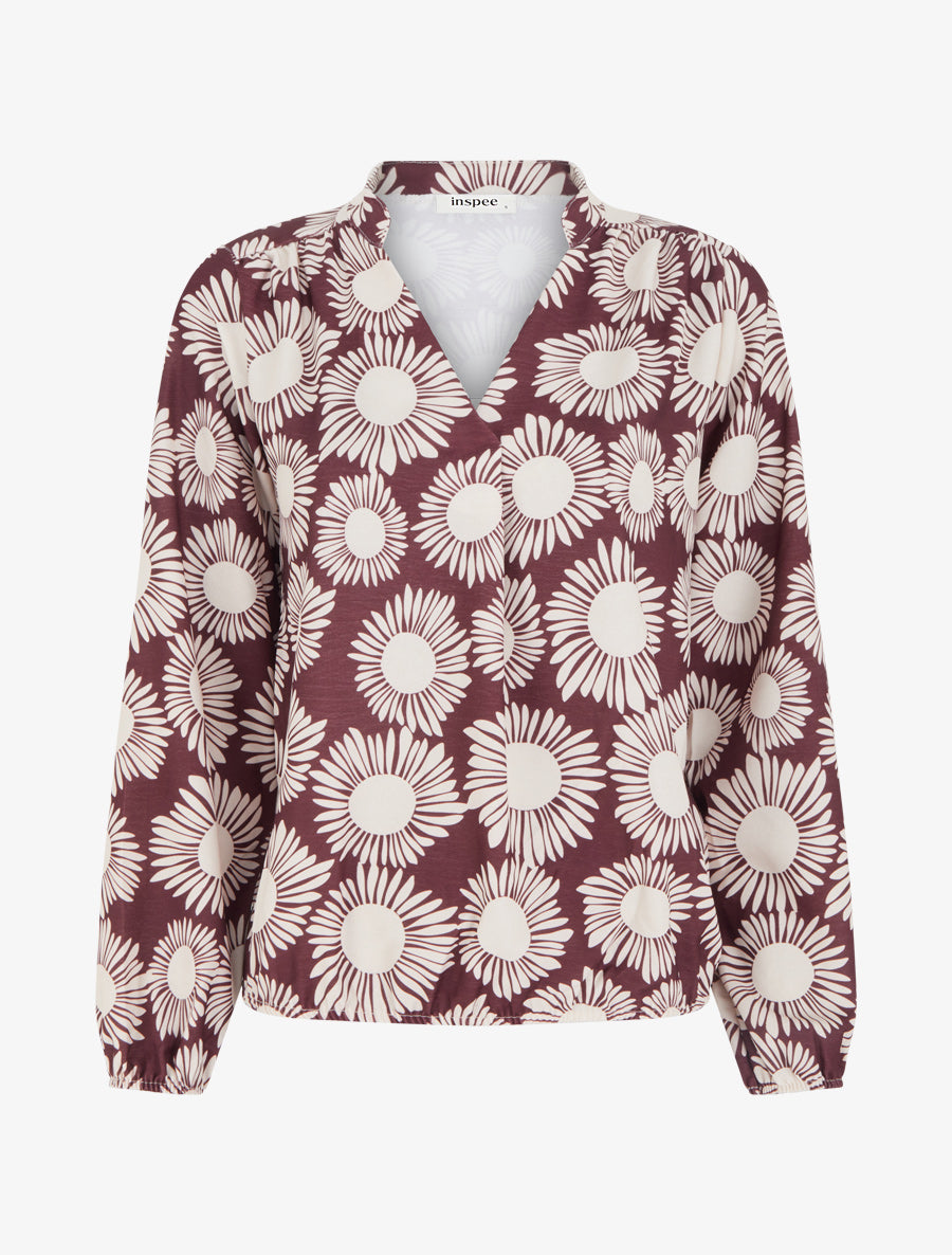 Blouse imprimé fleurs à poignets élastiqués - Prune - 1