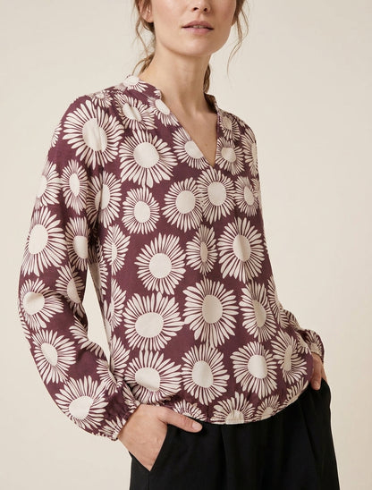 Blusa stampata a fiori con polsini elasticizzati - Prugna