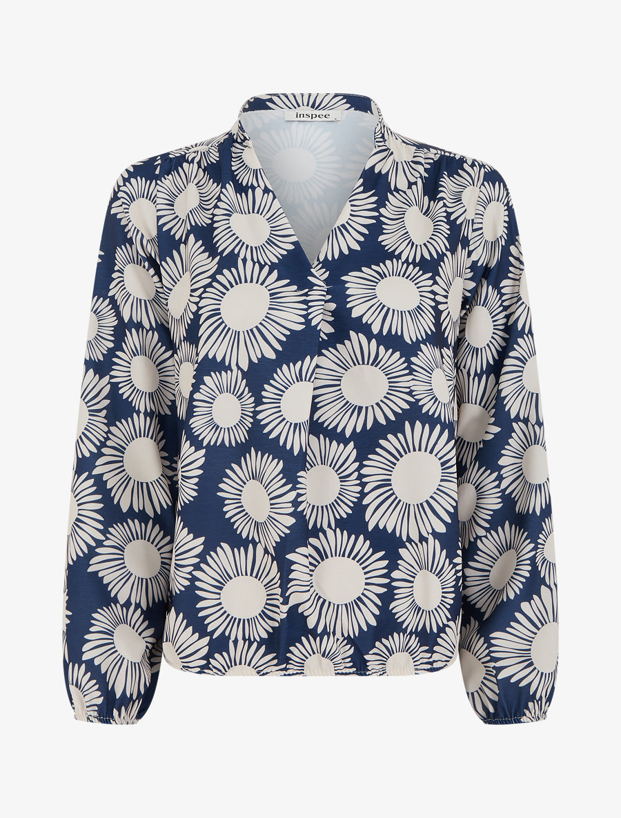 Blouse imprimé fleurs à poignets élastiqués - Marine - 1