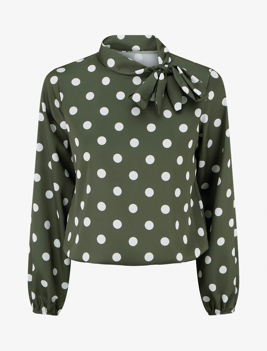 Top boule satiné à noeud et imprimé pois - Kaki - 1