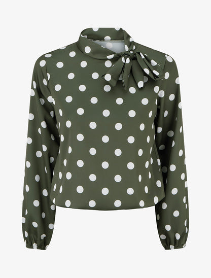 Top boule satiné à noeud et imprimé pois - Kaki - 1