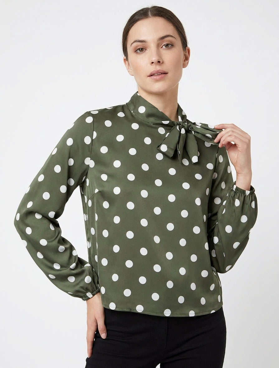 Top satinato con nodo e stampa a pois - Cachi