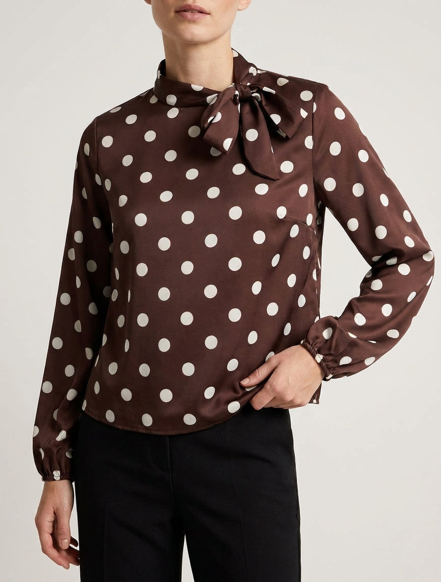 Top satinato con nodo e stampa a pois - Marrone