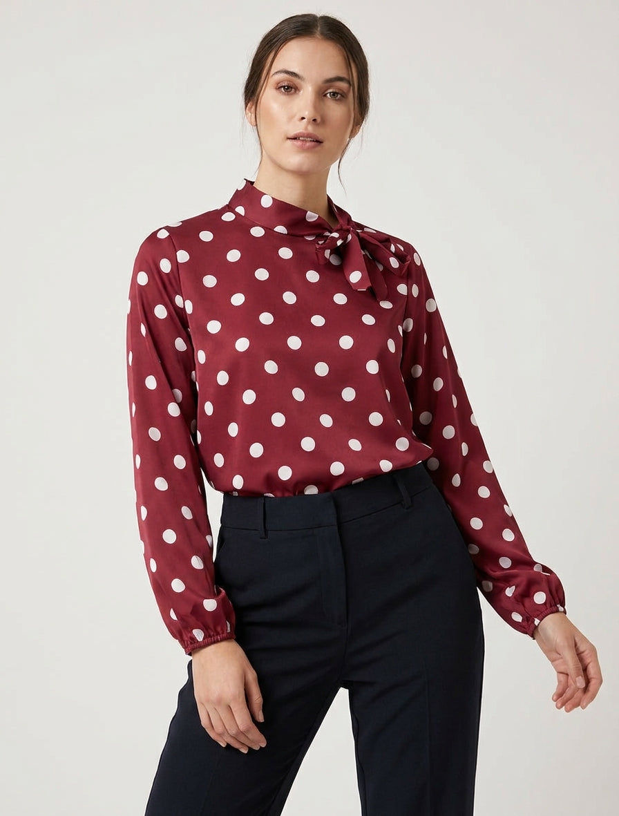 Top satinato con nodo e stampa a pois - Bordeaux