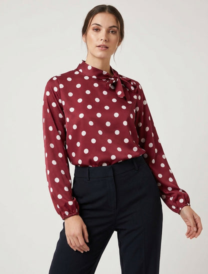 Top satinato con nodo e stampa a pois - Bordeaux