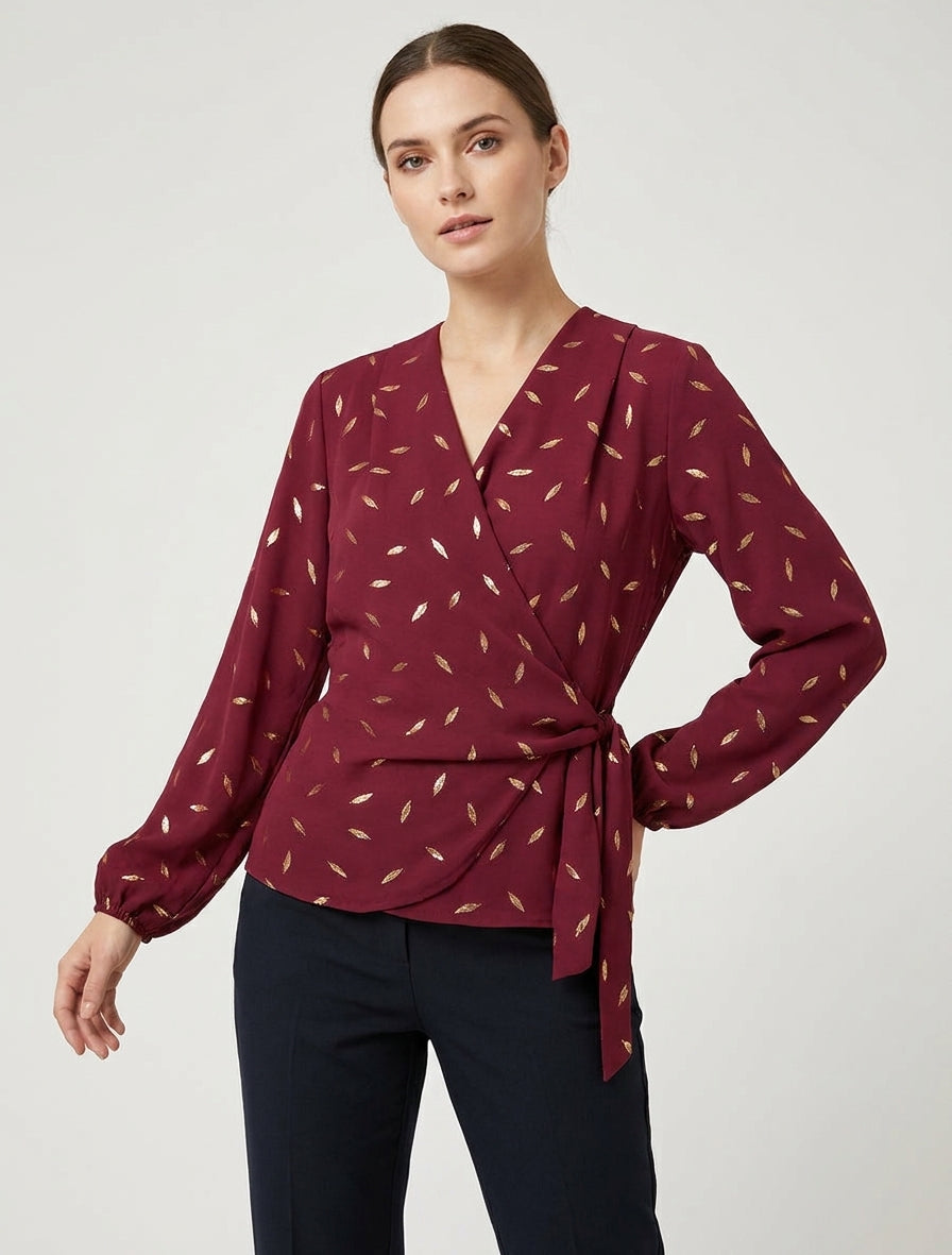 Top stile portafoglio con piume iridescenti - Bordeaux