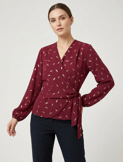 Top stile portafoglio con piume iridescenti - Bordeaux