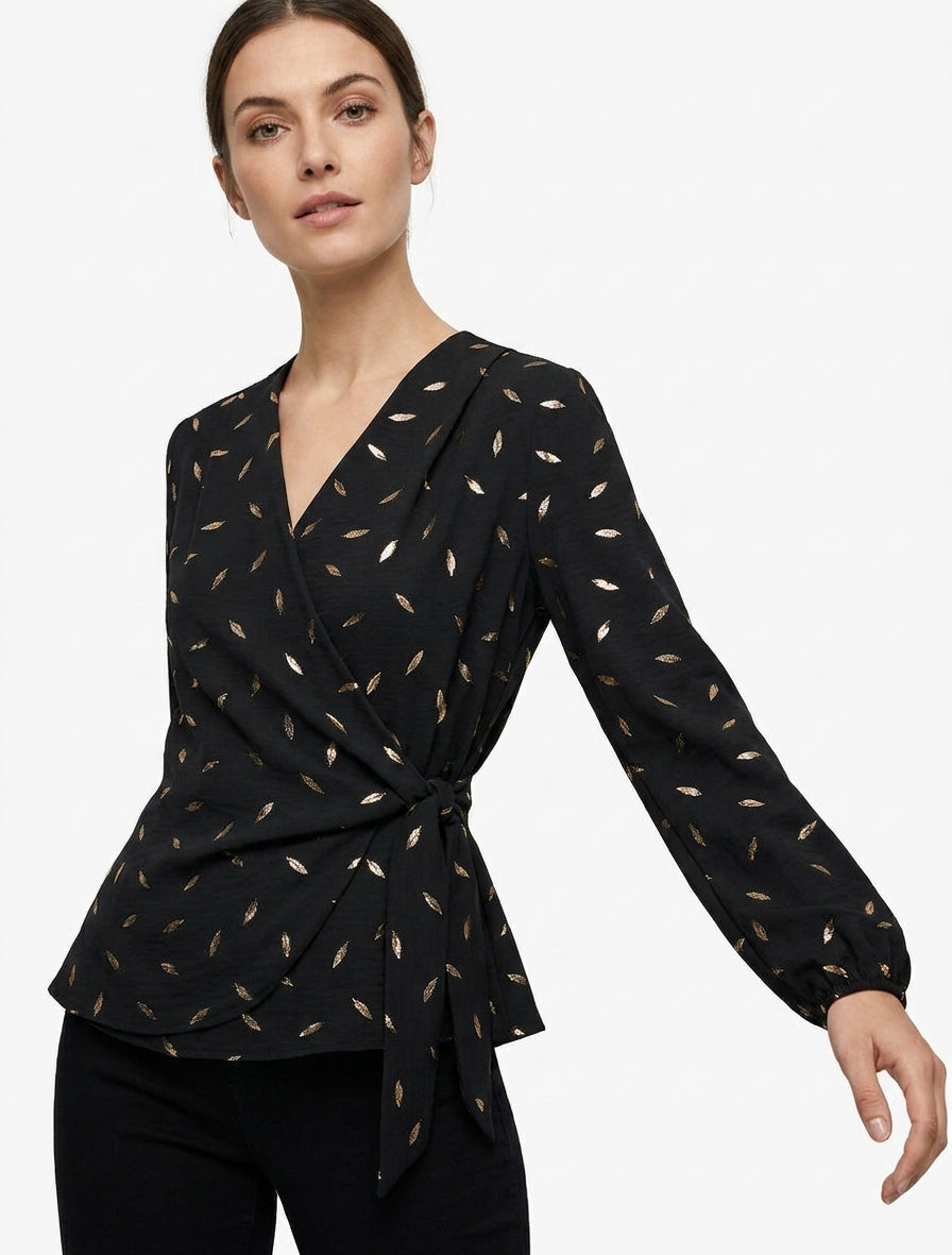 Top stile portafoglio con piume iridescenti - Nero
