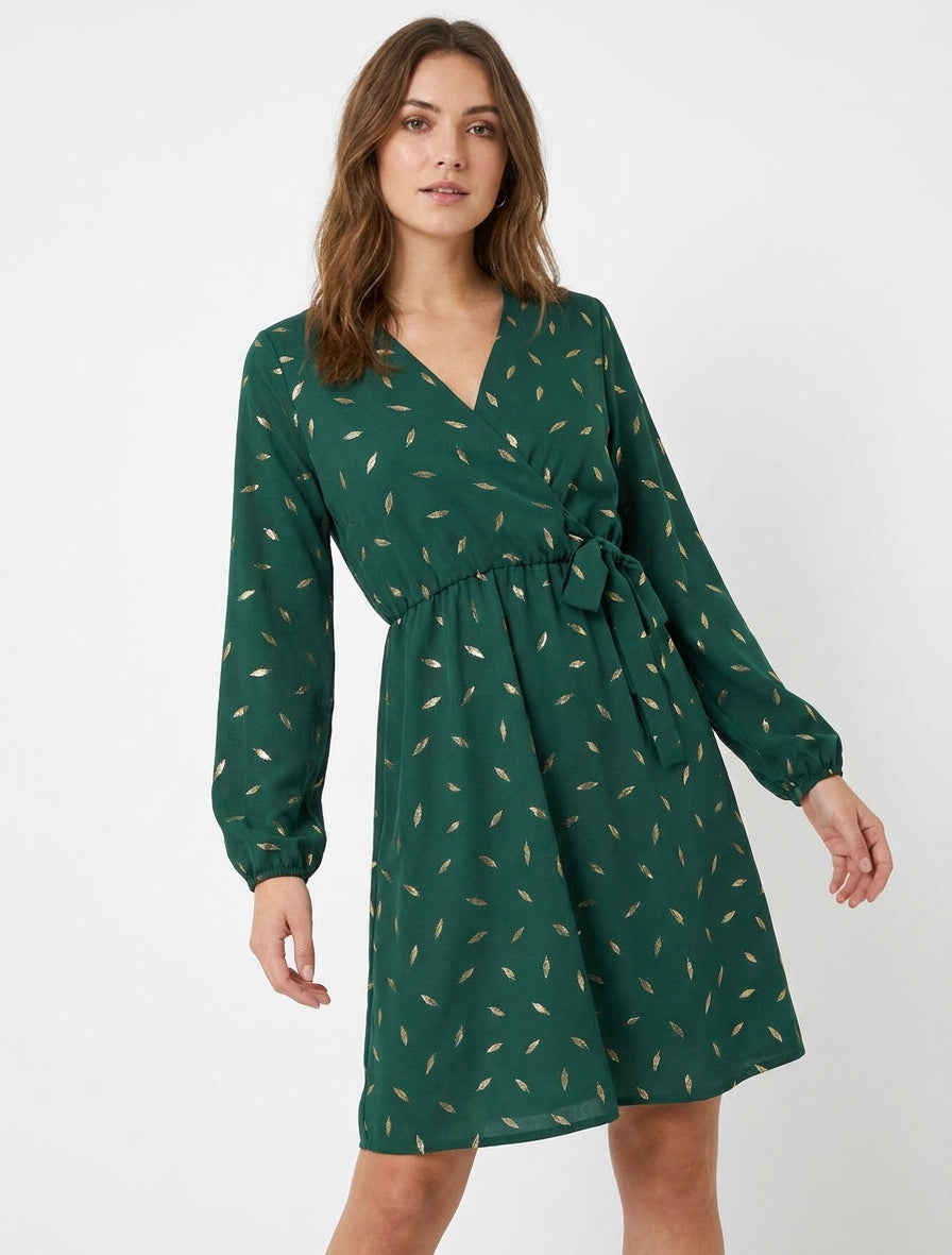 Abito elasticizzato con piume iridescenti - Verde abete