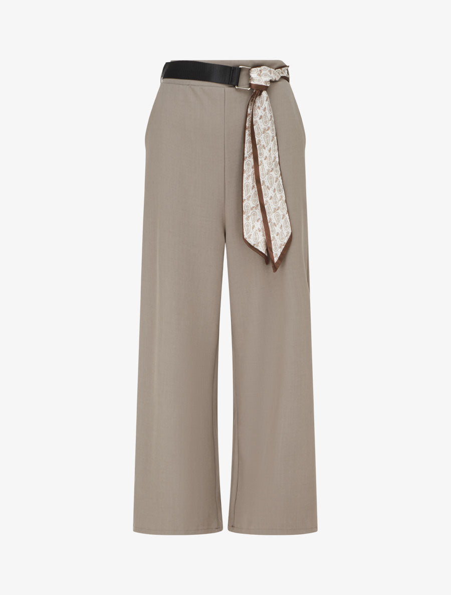 Pantalon ample à taille haute et ceinture style foulard - Taupe - 1