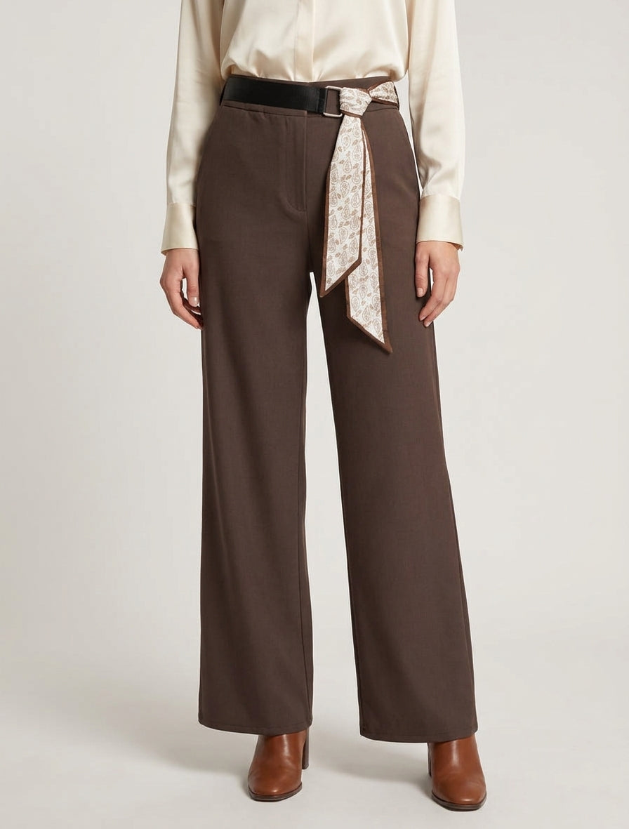 Pantaloni ampi a vita alta con cintura stile foulard. - Marrone