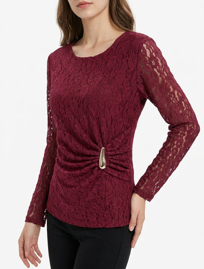 Top in pizzo con effetto drappeggiato e gioiello in metallo - Feccia di vino