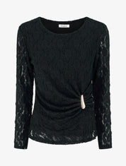 Top en dentelle à effet drapé et bijou métal - Noir - 1