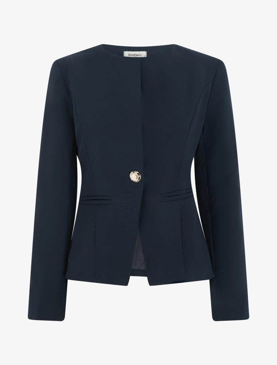 Veste un bouton à épaulettes et col rond - Marine - 1