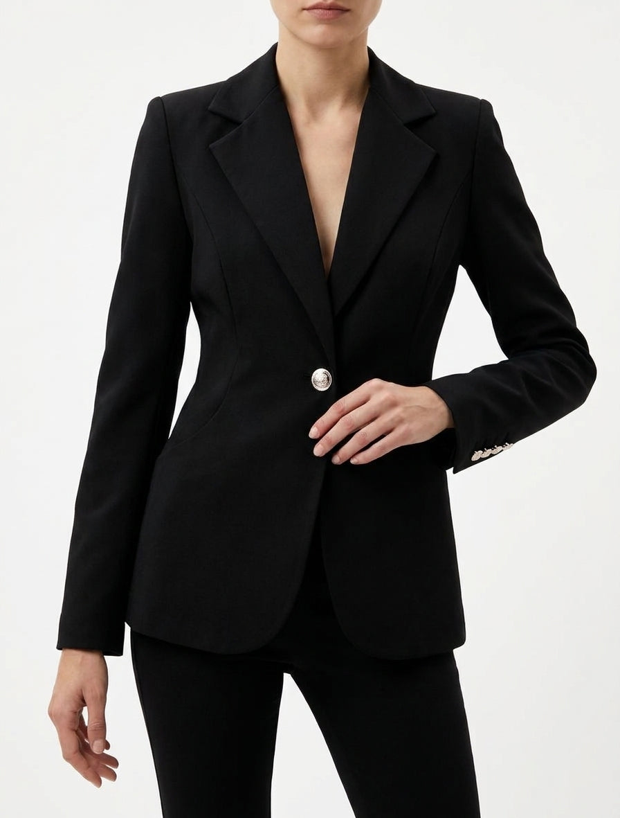 Blazer aderente a un bottone e spalline - Nero