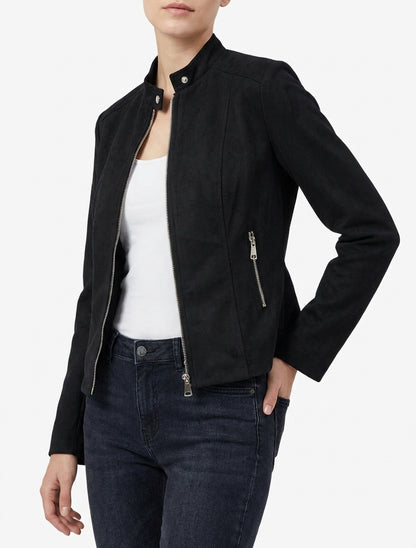 Giacca in camoscio con collo alto e zip - Nero