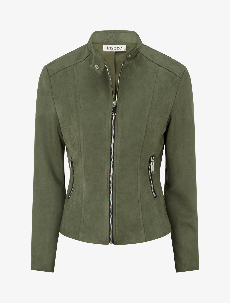Veste en suédine à col montant et zip - Kaki - 1