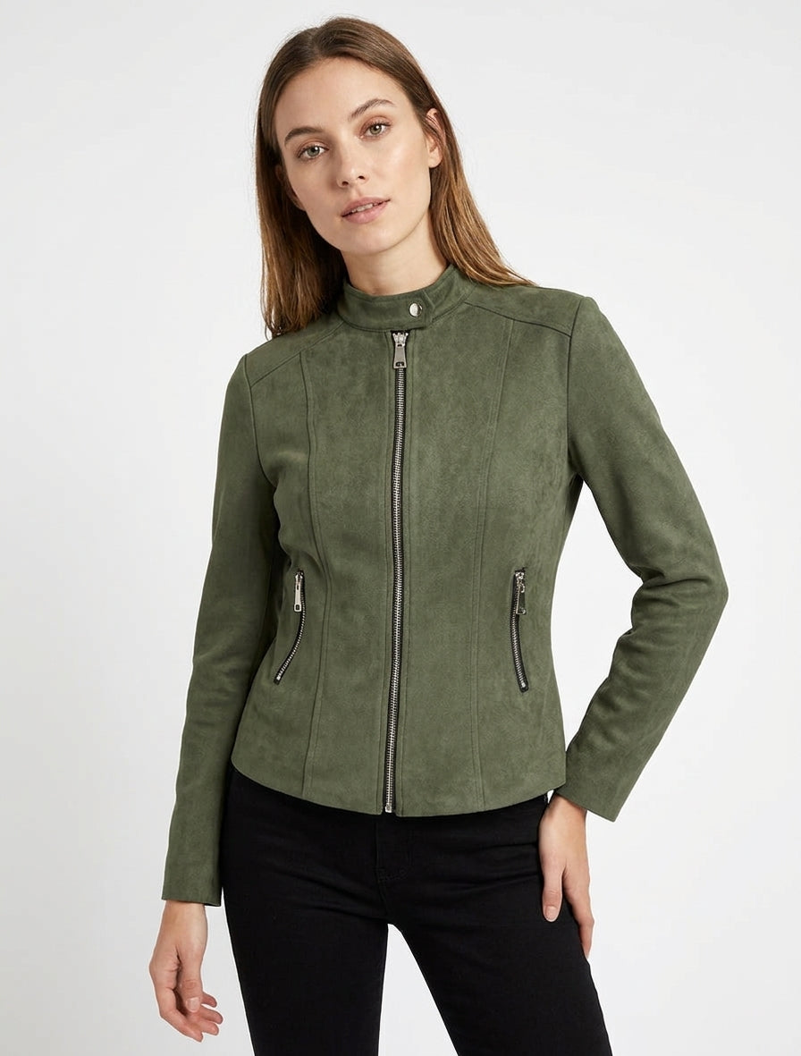 Giacca in camoscio con collo alto e zip - Cachi