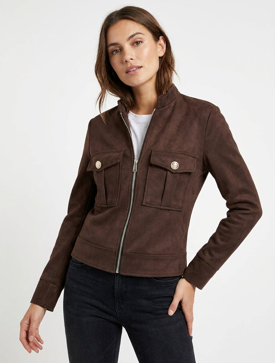 Giacca in suedine con zip e tasca con patta - Marrone
