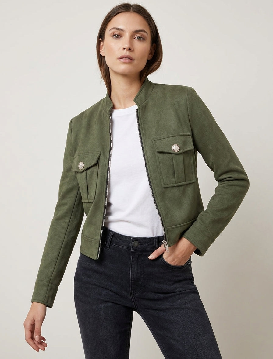 Giacca in camoscio sintetico con zip e tasca con patta - Cachi