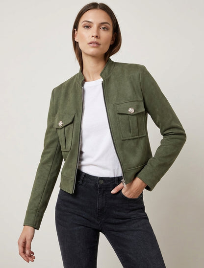 Giacca in camoscio sintetico con zip e tasca con patta - Cachi