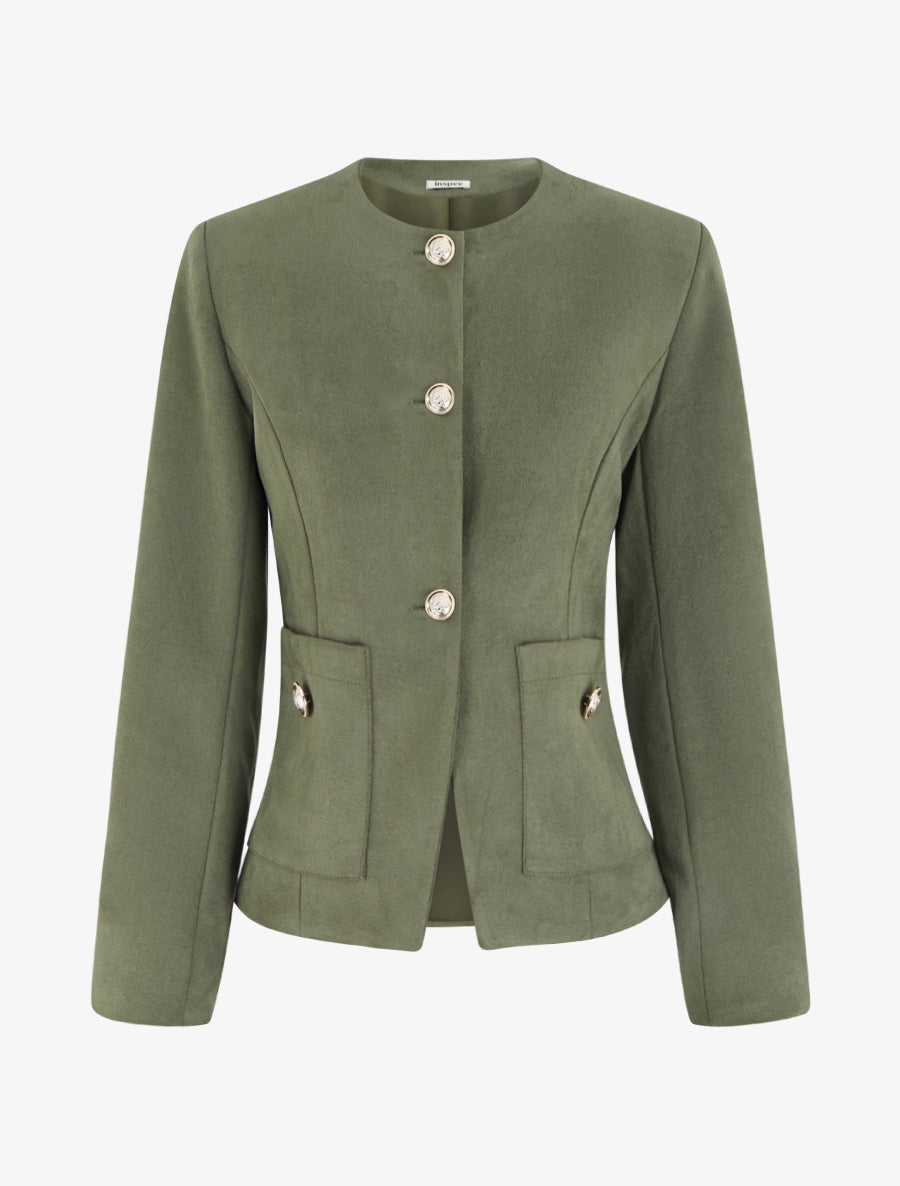 Veste en suédine boutonnée à col rond - Kaki - 1