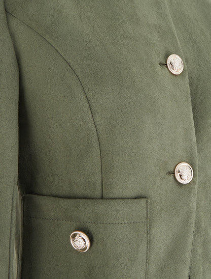Veste en suédine boutonnée à col rond - Kaki - 3