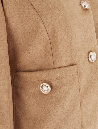 Veste en suédine boutonnée à col rond - Beige - 3