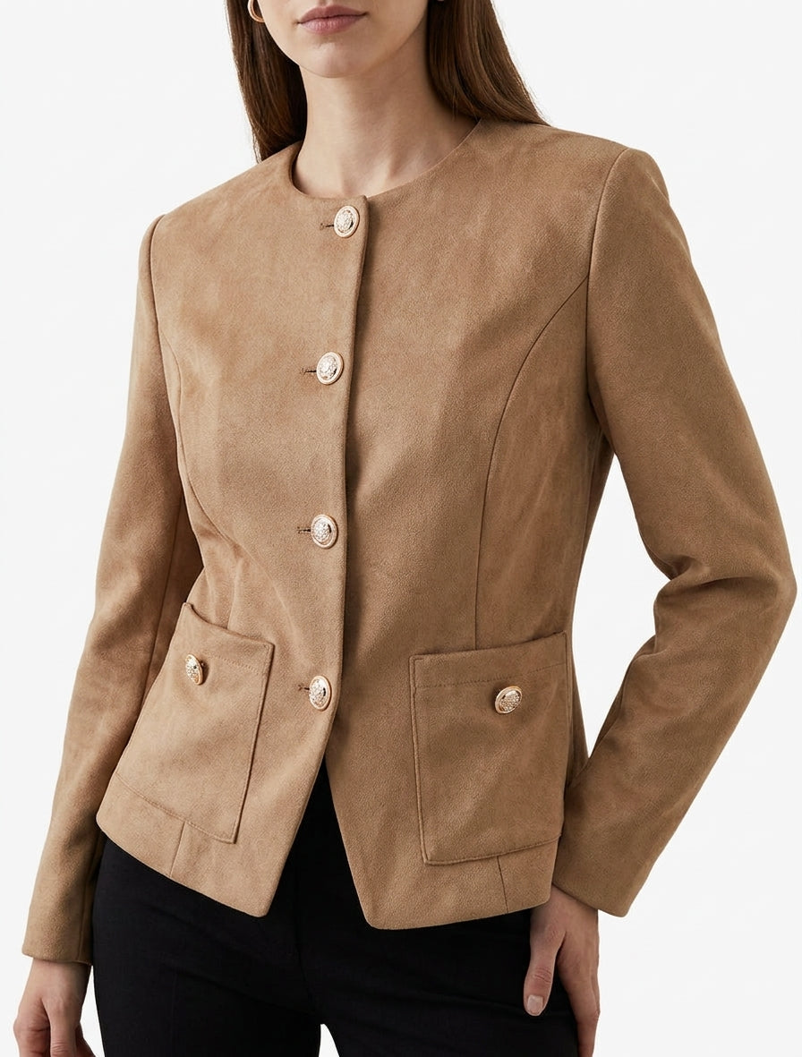 Giacca in scamosciato con bottoni e collo rotondo. - Beige