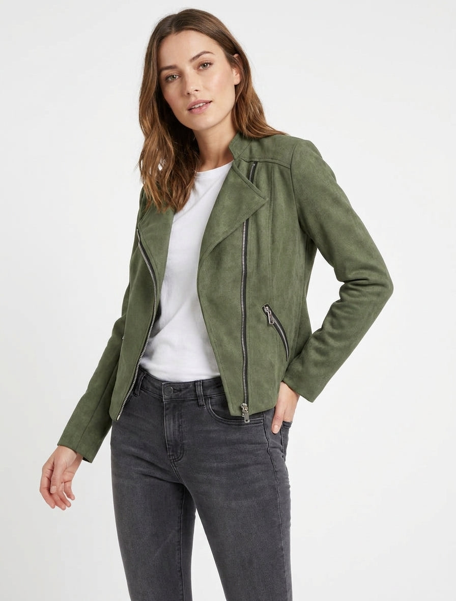 Giacca stile chiodo in camoscio sintetico - Cachi