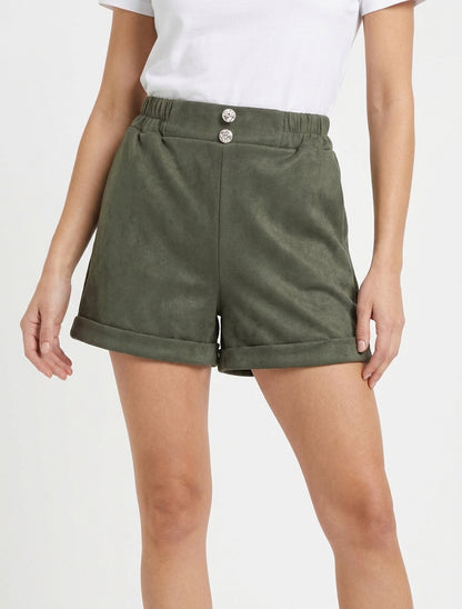 Short in pelle scamosciata con cintura a sacchetto - Cachi