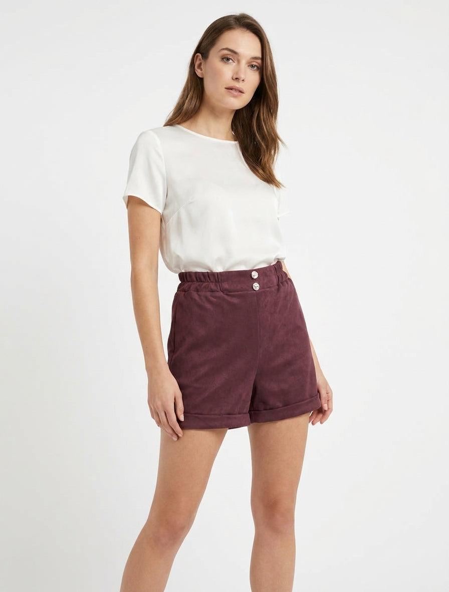 Short in pelle scamosciata con cintura a sacchetto - Feccia di vino