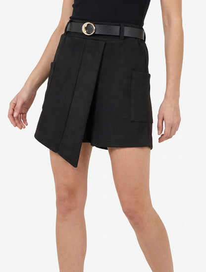 Gonna corta in stile scamosciato con tasche applicate - Nero