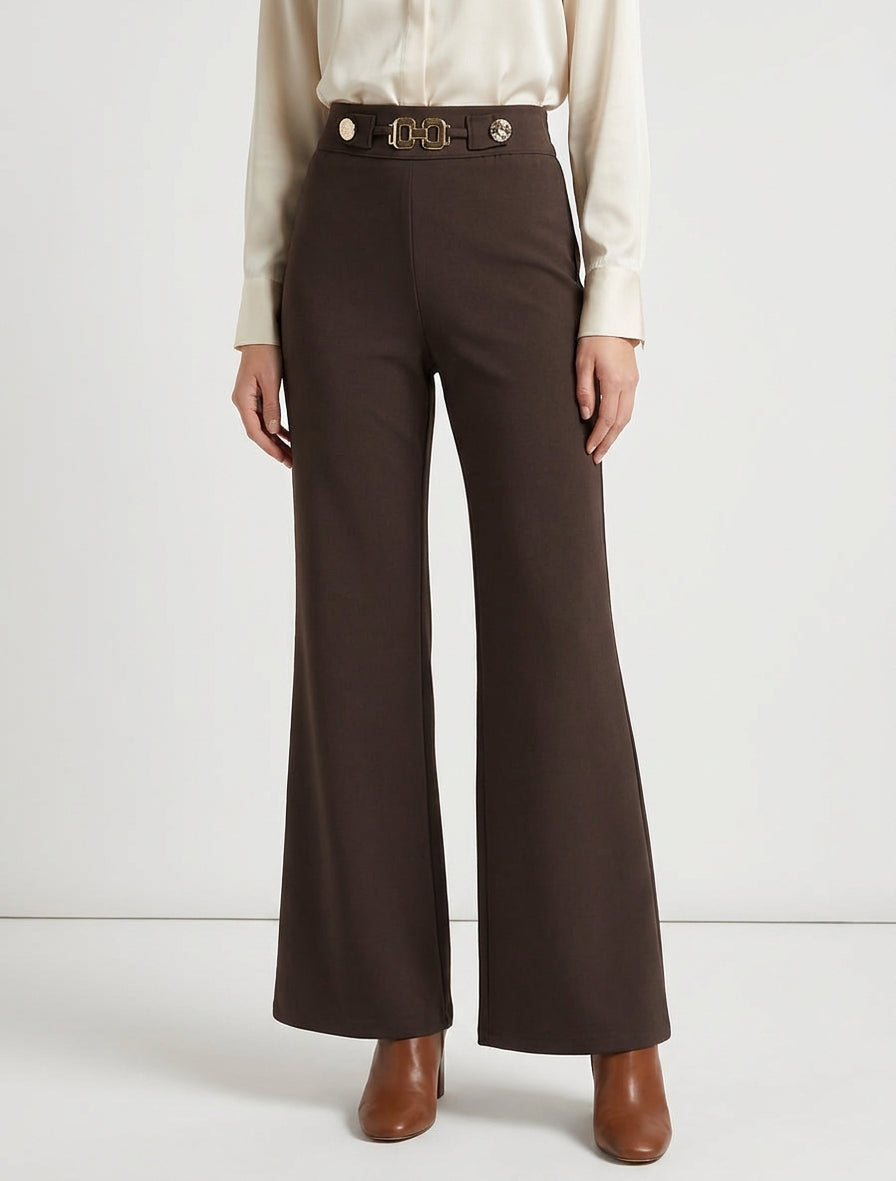 Pantaloni ampi a vita alta gioiello - Marrone
