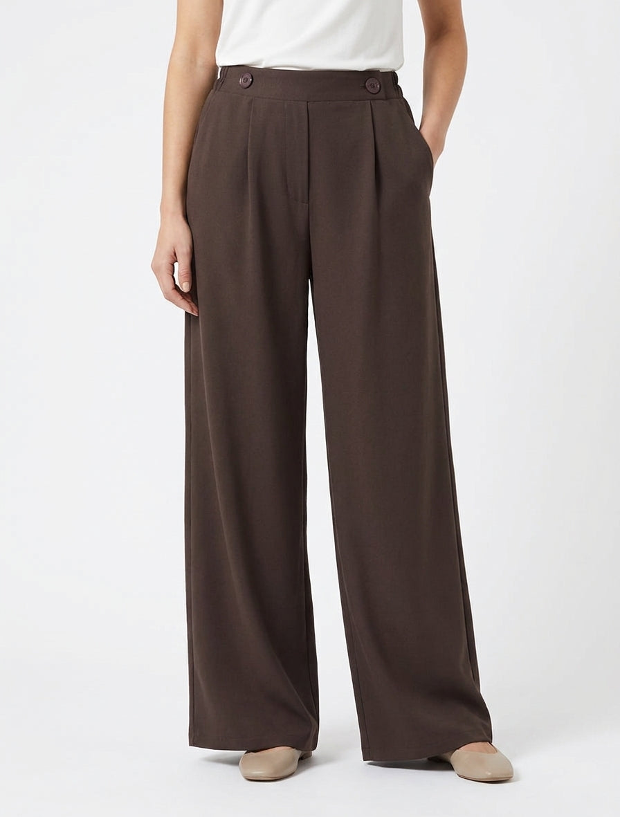 Pantaloni a tinta unita con vita elasticizzata - Marrone