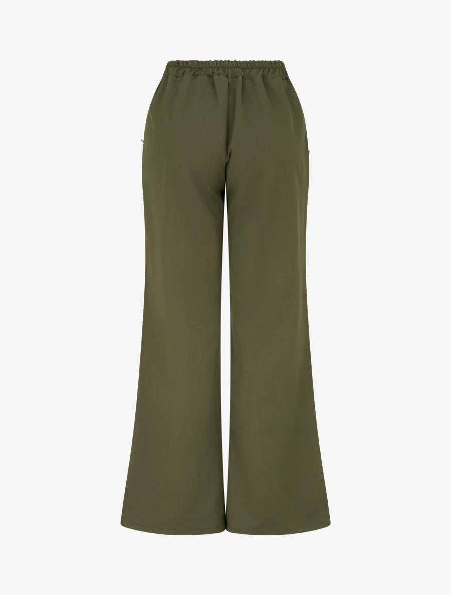 Pantalon taille haute coupe flare à boutons décoratifs dorés - Kaki - 2