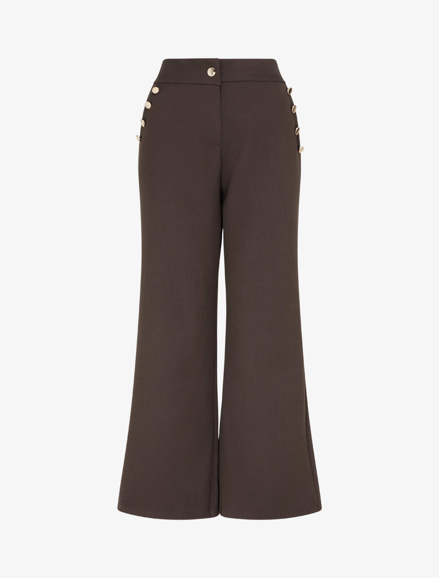 Pantalon taille haute coupe flare à boutons décoratifs dorés - Marron - 1