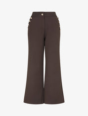 Pantalon taille haute coupe flare à boutons décoratifs dorés - Marron - 1