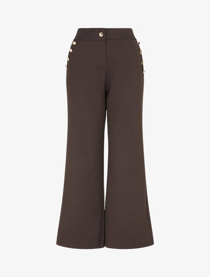 Pantalon taille haute coupe flare à boutons décoratifs dorés - Marron - 1